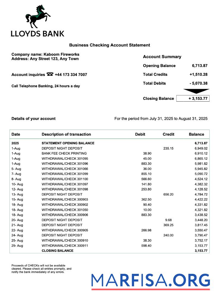 Realistic USA Lloyds enterprise account statement Word and PDF template